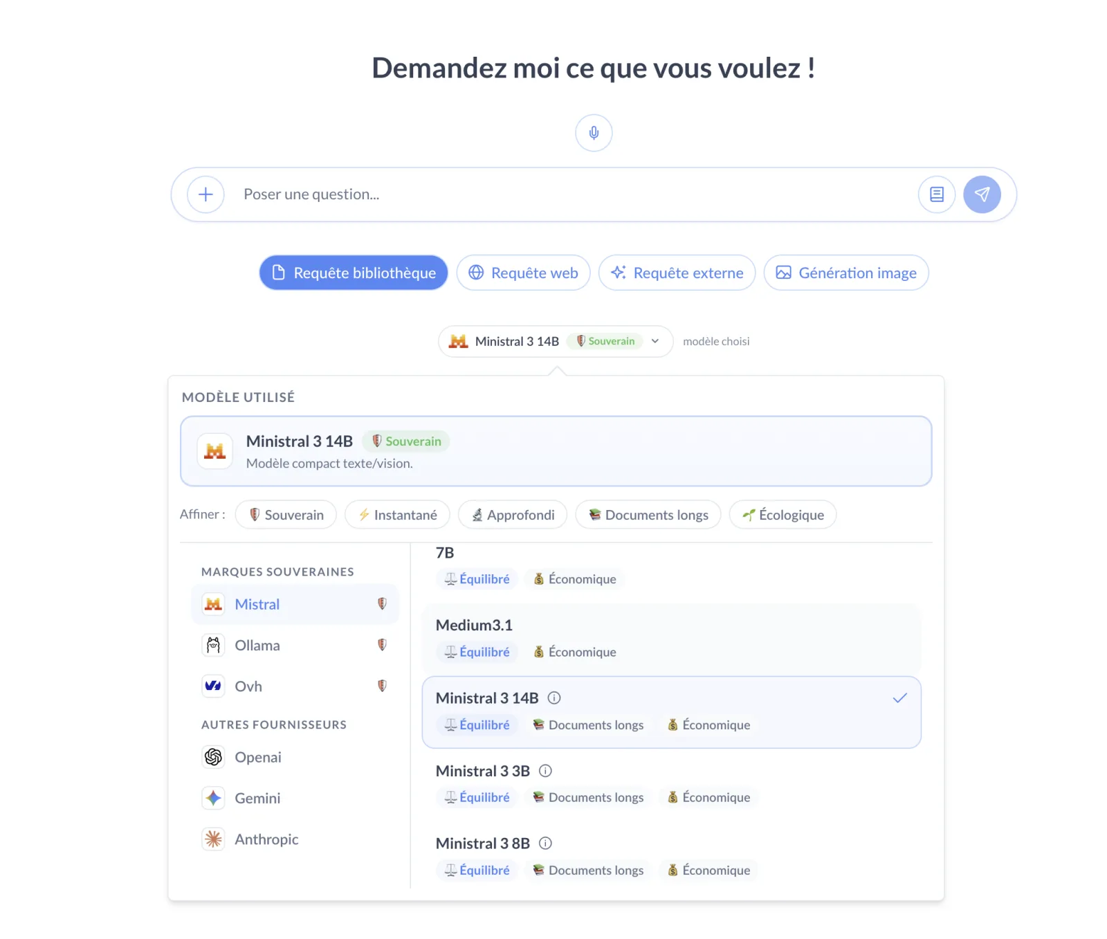 Choix du modèle dans Narratheque : marques souveraines Mistral, Ollama, OVH et autres fournisseurs, avec des filtres par usage