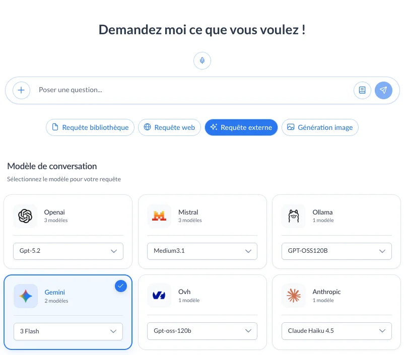 Interface Narratheque présentant plusieurs fournisseurs de modèles IA.
