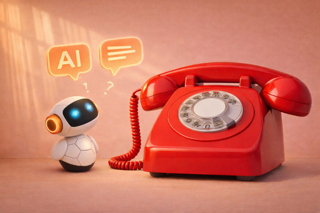 Chatbot conversationnel illustré par un robot face à un téléphone rouge vintage, symbolisant l’amélioration du support client grâce à l’intelligence artificielle.