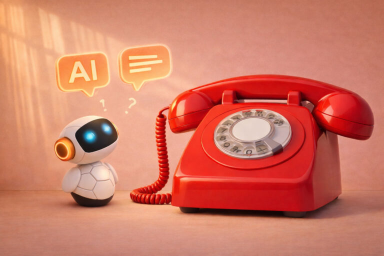 Chatbot conversationnel illustré par un robot face à un téléphone rouge vintage, symbolisant l’amélioration du support client grâce à l’intelligence artificielle.