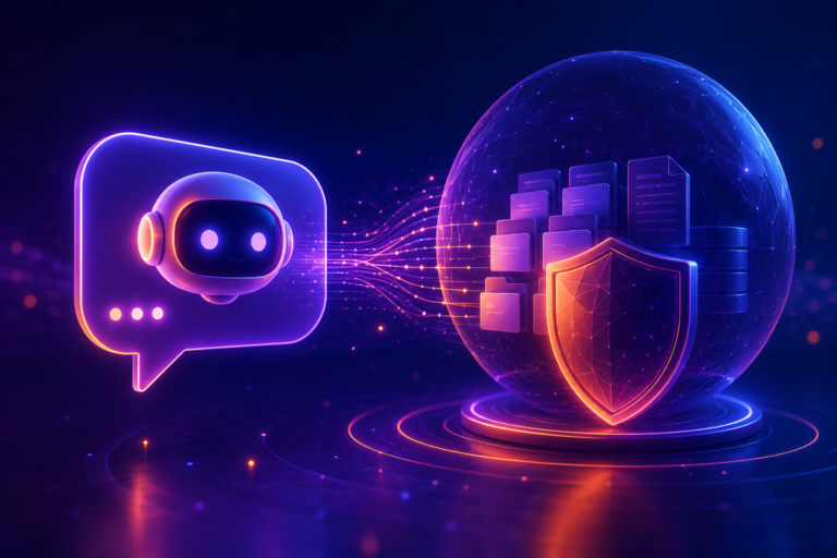 Chatbot IA connecté à une base de connaissance souveraine, illustration futuriste
