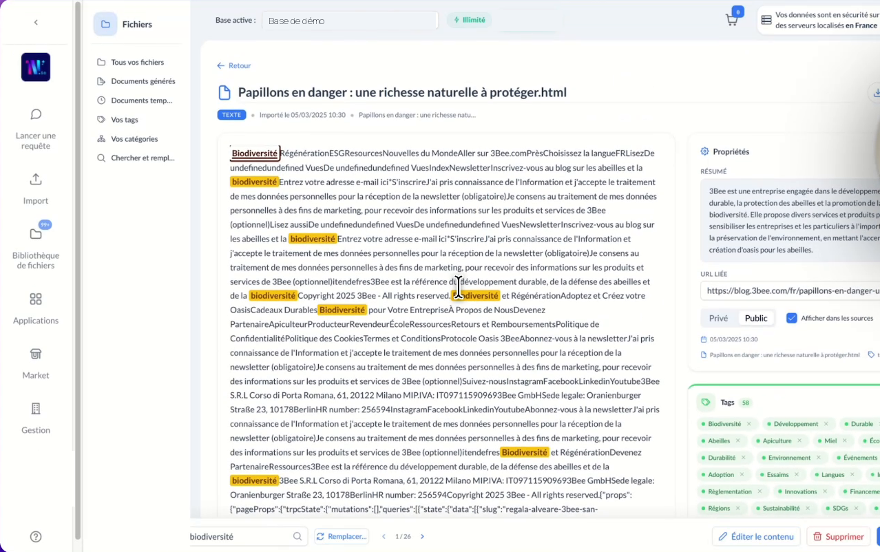 Document ouvert, avec le mot recherché surligné dans le texte
