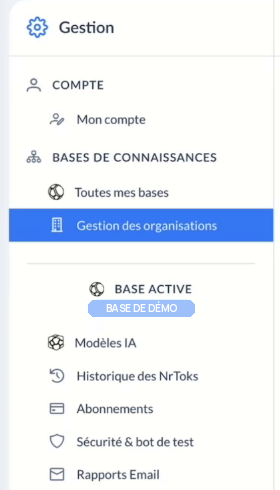 Menu Gestion : compte, bases, modèles IA, historique des NrTok