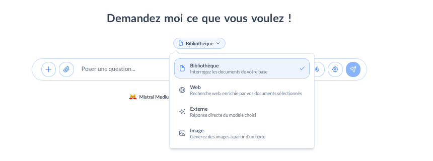 Menu des types de requête : Bibliothèque, Web, Externe, Image